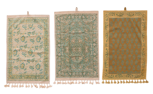 BOTANICAL PRINT COTTON TEA TOWEL W/ TASSELS - ASSORTED