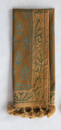 BOTANICAL PRINT COTTON TEA TOWEL W/ TASSELS - ASSORTED