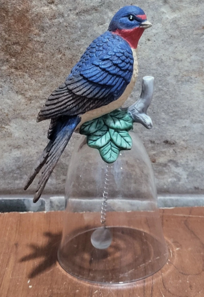BARN SWALLOW BIRD FIGURINE ON CRYSTAL GLASS BELL