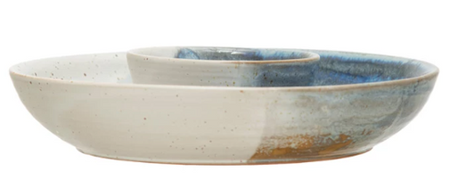 HAND PAINTED STONEWARE CHIP AND DIP, REACTIVE GLAZE
