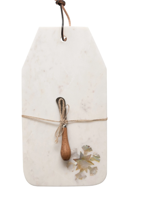 MARBLE WITH MOTHER OF PEARL INLAID SNOWFLAKE CHEESE/CUTTING BOARD W/ CANAPE KNIFE