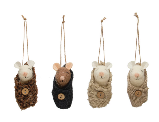 2 3/4" WOOL FELT BABY MOUSE INSWADDLE ORNAMENT - ASSORTED