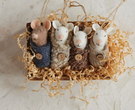 2 3/4" WOOL FELT BABY MOUSE INSWADDLE ORNAMENT - ASSORTED