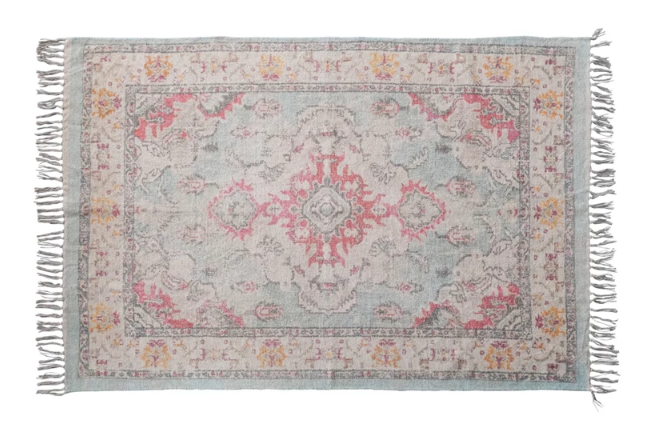 4' x 6' COTTON CHENILLE DISTREESED PRINT RUG WITH FRINGE