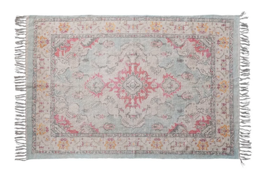 4' x 6' COTTON CHENILLE DISTREESED PRINT RUG WITH FRINGE