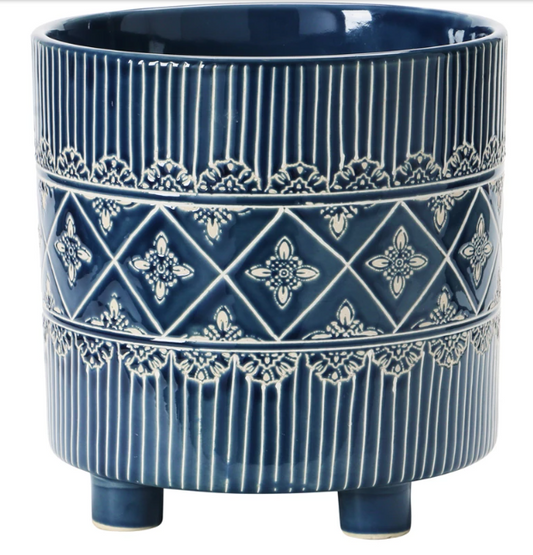 BLUE DEBOSSED STONEWARE FOOTED PLANTER WITH PATTERN