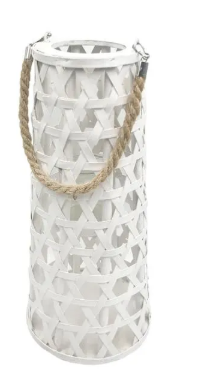 16" WHITE WOOD CUTOUT LANTERN W/ ROPE HANDLE
