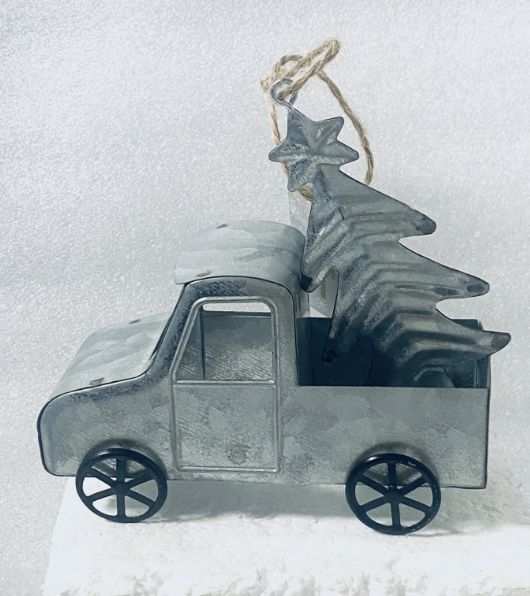 GALVANIZED METAL TRUCK WITH CHRISTMAS TREE ORNAMENT
