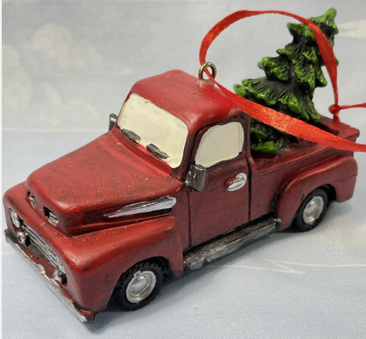 RESIN PICKUP TRUCK WITH TREEN 4" ORNAMENT - RED / WHITE