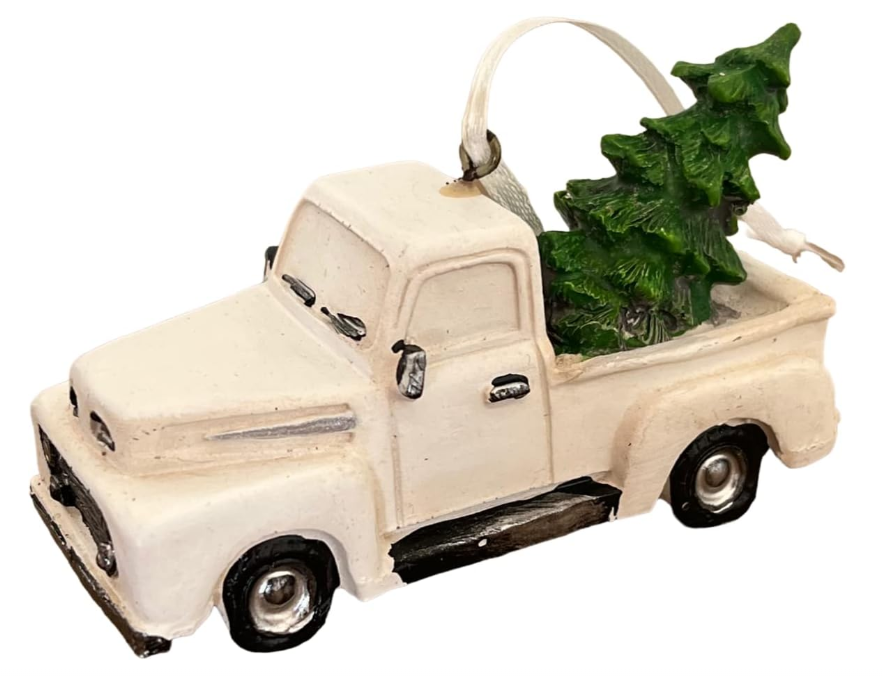 RESIN PICKUP TRUCK WITH TREEN 4" ORNAMENT - RED / WHITE