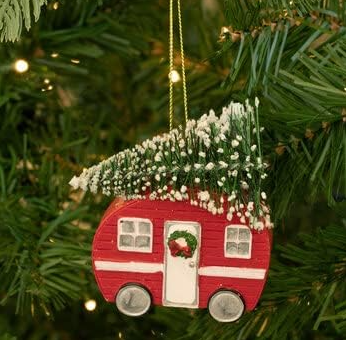 RED CAMPER WITH EVERGREEN TREE ORNAMENT
