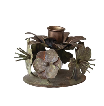 VINTAGE REPRODUCTION METAL TOLEWARE LEAVES AND FLOWERS TAPER HOLDER