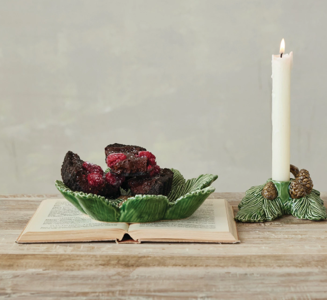 CERAMIC PINE BOUGH TAPER HOLDER WITH PINECONES