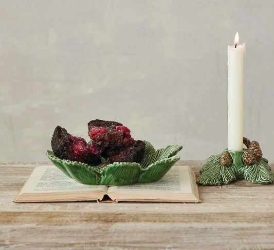 CERAMIC PINE BOUGH TAPER HOLDER WITH PINECONES