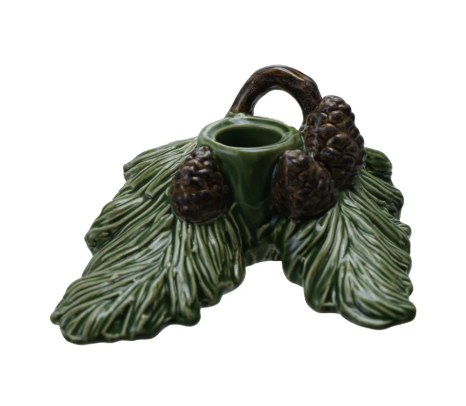 CERAMIC PINE BOUGH TAPER HOLDER WITH PINECONES