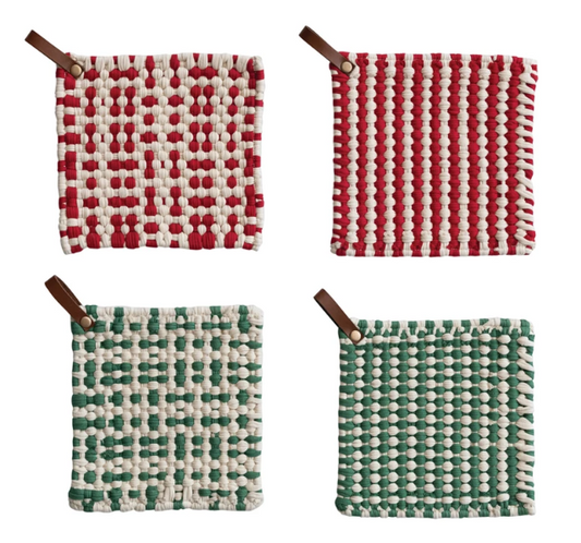 COTTON CROCHETED POT HOLDER WITH LEATHER LOOP - ASSORTED