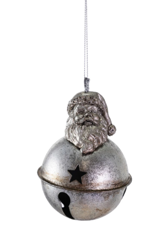 METAL BELL ORNAMENT WITH SANTA HEAD AND STAR CUT-OUTS