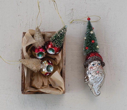 MERCURY GLASS SANTA HEAD ORNAMENT WITH BOTTLE BRUSH TREE