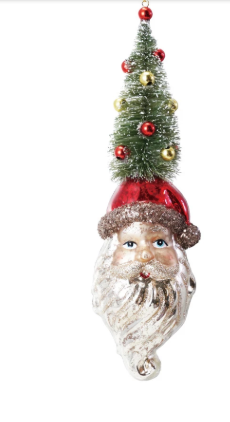 MERCURY GLASS SANTA HEAD ORNAMENT WITH BOTTLE BRUSH TREE