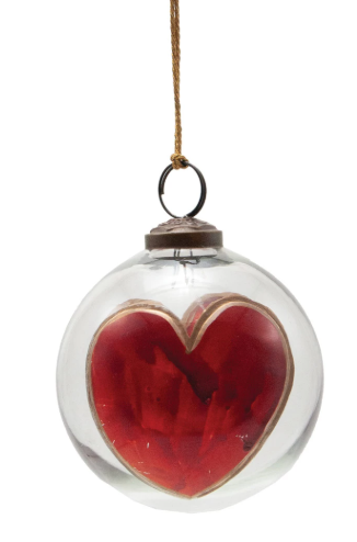HANDPAINTED ETCHED GLASS BALL ORNAMENT WITH HEART