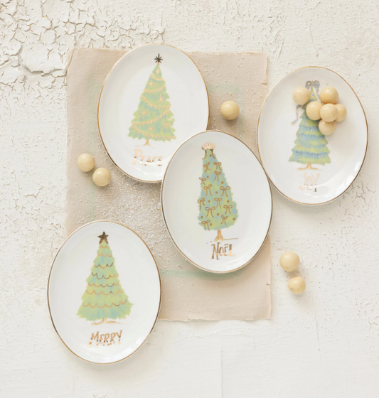 OVAL STONEWARE CHRISTMAS TREE DISH - ASSORTED