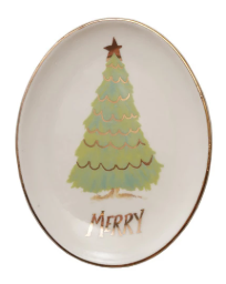 OVAL STONEWARE CHRISTMAS TREE DISH - ASSORTED