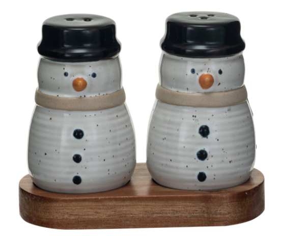 SNOWMEN SALT & PEPPER SHAKERS WITH/ACACIA WOOD TRAY