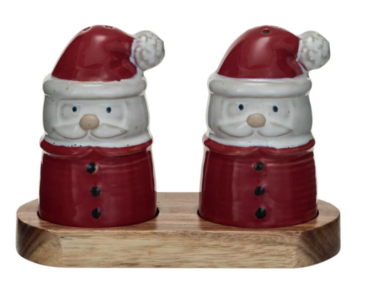 SANTA SHAPED SALT & PEPPER SHAKERS WITH ACACIA WOOD TRAY