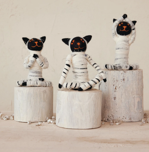 HANDMADE FABRIC & WOOL FELT YOGA CAT IN MUMMY COSTUME - ASSORTED
