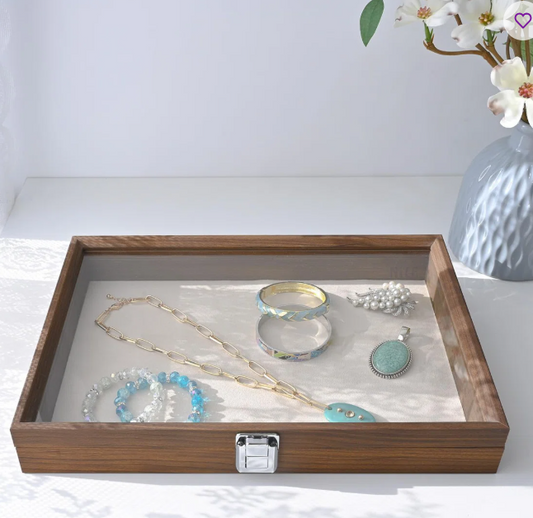 DISPLAY CASE WITH TEMPERED GLASS HINGED LID - WALNUT COLOR