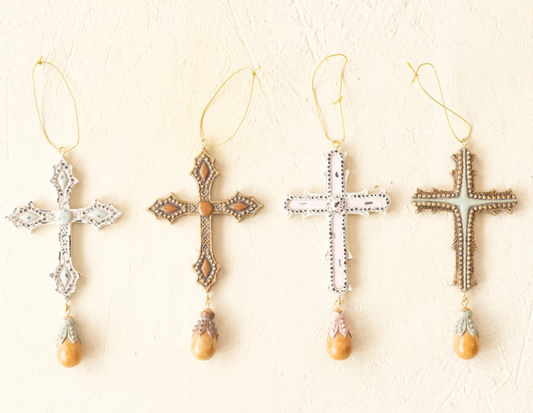 5 3/4" RESIN CROSS ORNAMENT WITH DROP BEAD - ASSORTED