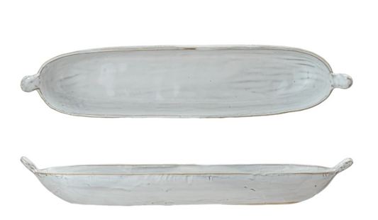 WHITE STONEWARE DISH WITH HANDLES