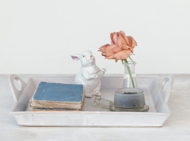 WHITE STONWARE TRAY WITH HANDLES