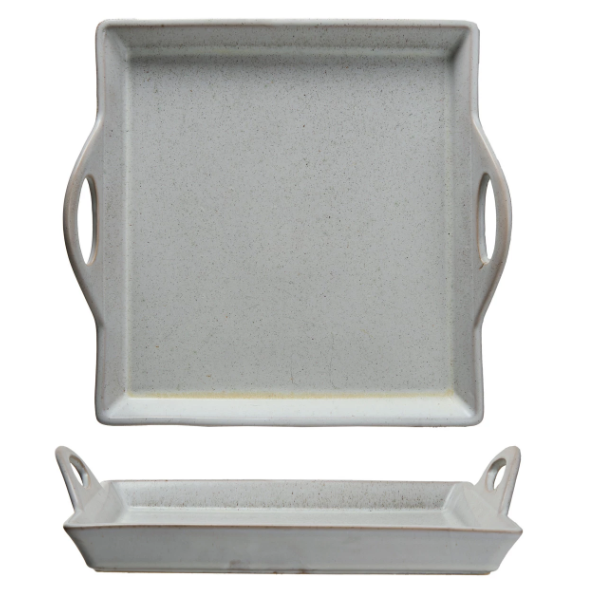WHITE STONWARE TRAY WITH HANDLES