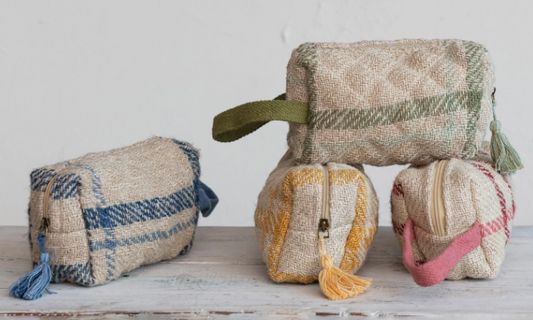 QUILTED JUTE ZIP POUCH WITH GRID PATTERN - ASSORTED