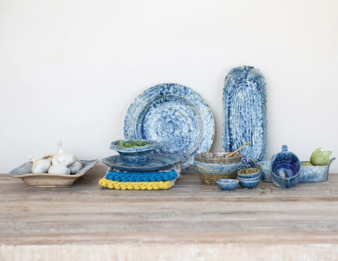 2 CUP BLUE STONEWARE BAKER WITH HANDLES