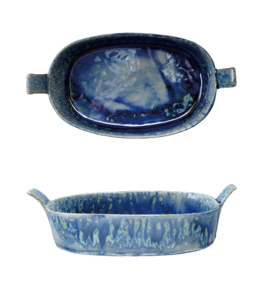 2 CUP BLUE STONEWARE BAKER WITH HANDLES