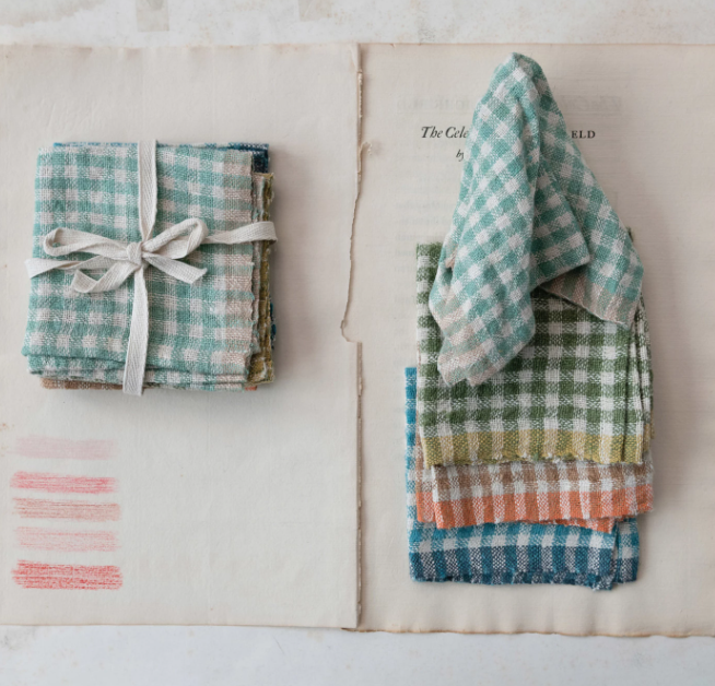 WOVEN LINEN COCKTAIL NAPKINS W/GINGHAM PATTERN - SET OF 4
