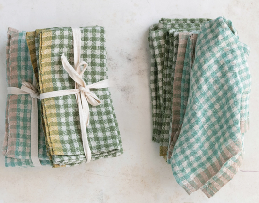 WOVEN LINEN COCKTAIL NAPKINS W/GINGHAM PATTERN - SET OF 4