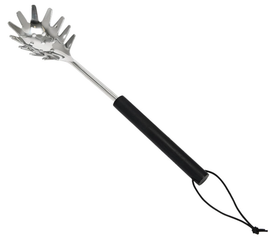 STAINLESS STEEL SLOTTED PASTA SERVER W/MANGO WOOD HANDLE & LEATHER TIE