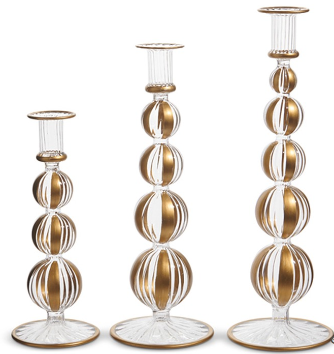 HAND BLOWN GLASS GOLD STRIPED CANDLESTICKS - SET OF 3