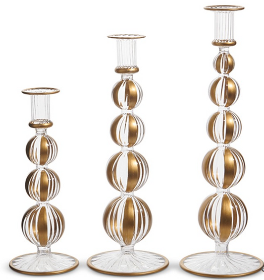 HAND BLOWN GLASS GOLD STRIPED CANDLESTICKS - SET OF 3