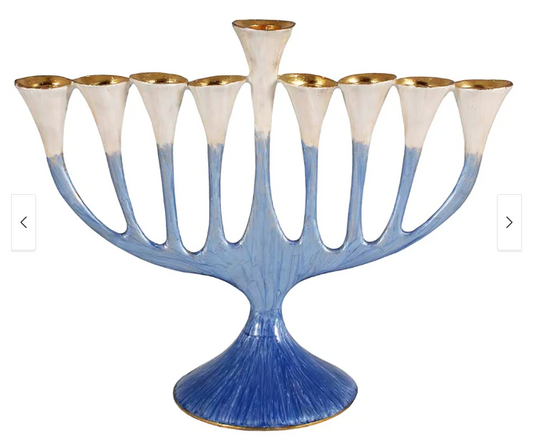 ENAMELED AND GOLD PLATED TRUMPET FLOWER BLUES MENORAH (CHANUKIAH)