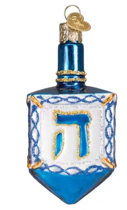 OLD WORLD BLUE, WHITE & GOLDEN DREIDEL GLASS ORNAMENT