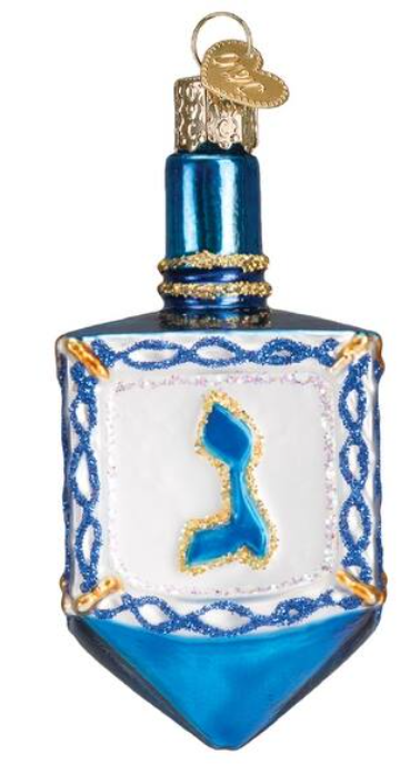 OLD WORLD BLUE, WHITE & GOLDEN DREIDEL GLASS ORNAMENT