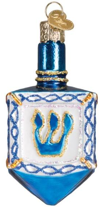 OLD WORLD BLUE, WHITE & GOLDEN DREIDEL GLASS ORNAMENT