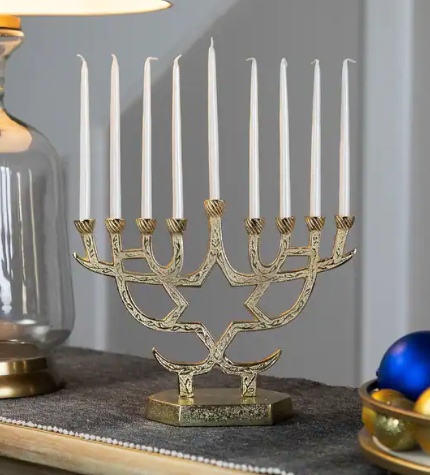 EMBOSSED GOLD METAL HANUKKAH MENORAH (CHANUKIAH) WITH STAR OF DAVID