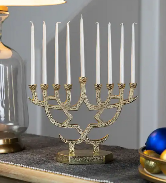 EMBOSSED GOLD METAL HANUKKAH MENORAH (CHANUKIAH) WITH STAR OF DAVID
