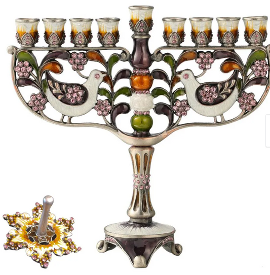 HAND-PAINTED DOVES & FLOWER MENORAH (CHANUKIAH) AND SPINNING DREIDEL GIFT SET