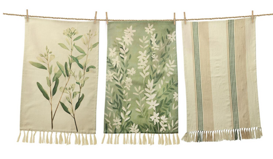 NEUTRAL AND GREEN LEAVES TEA TOWELS - ASSORTED